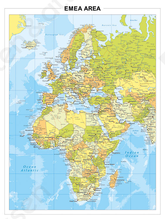 EMEA Area Engelstalig 781 Europa, Midden-Oosten en Afrika, gedetailleerd en engelstalig