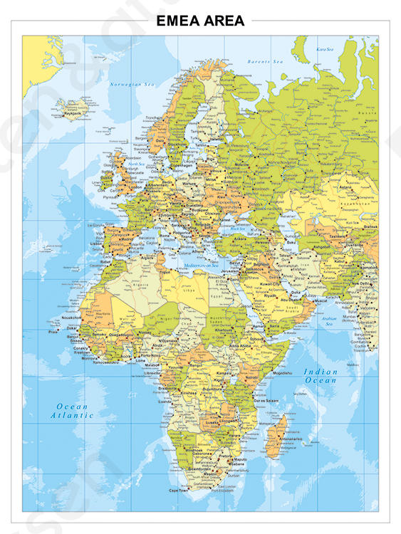 Europa, Midden-Oosten en Afrika, gedetailleerd en engelstalig
