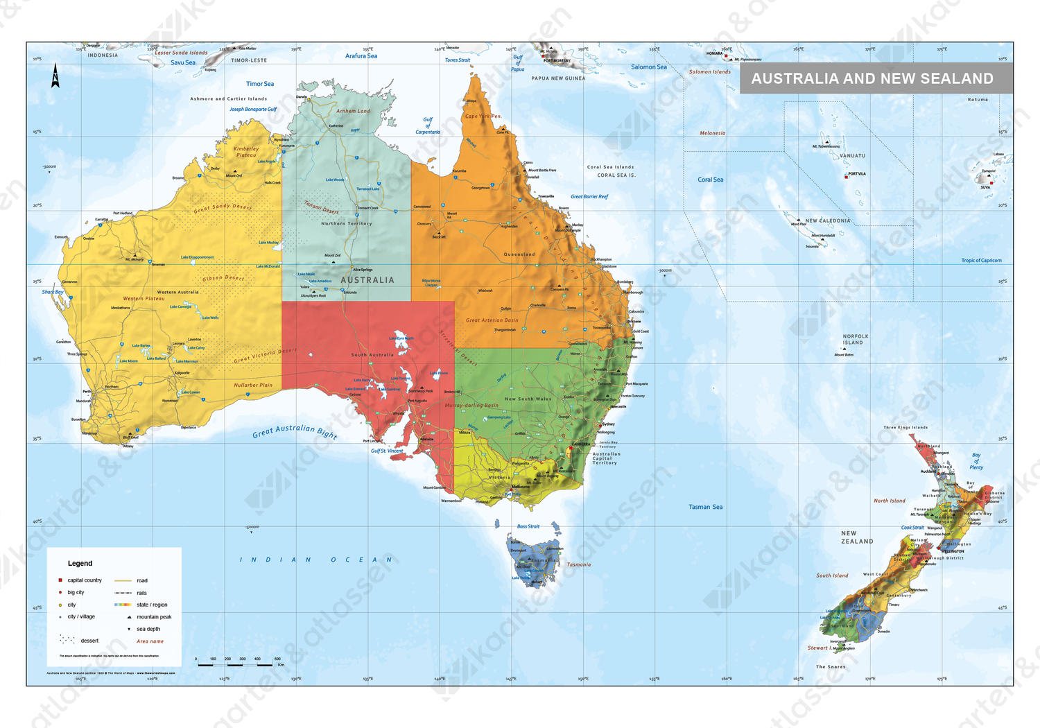 Australië en Nieuw-Zeeland kaart Staatkundig