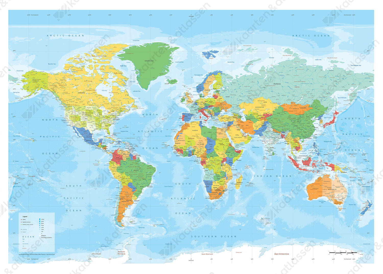 Digitale Wereldkaart XXL staatkundig heldere kleuren