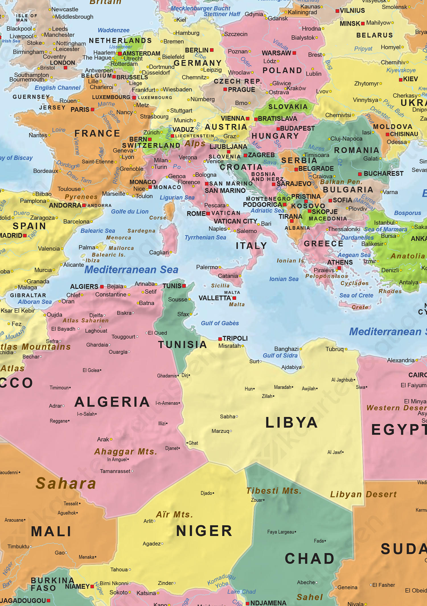 Staatkundige wereldkaart met veel details