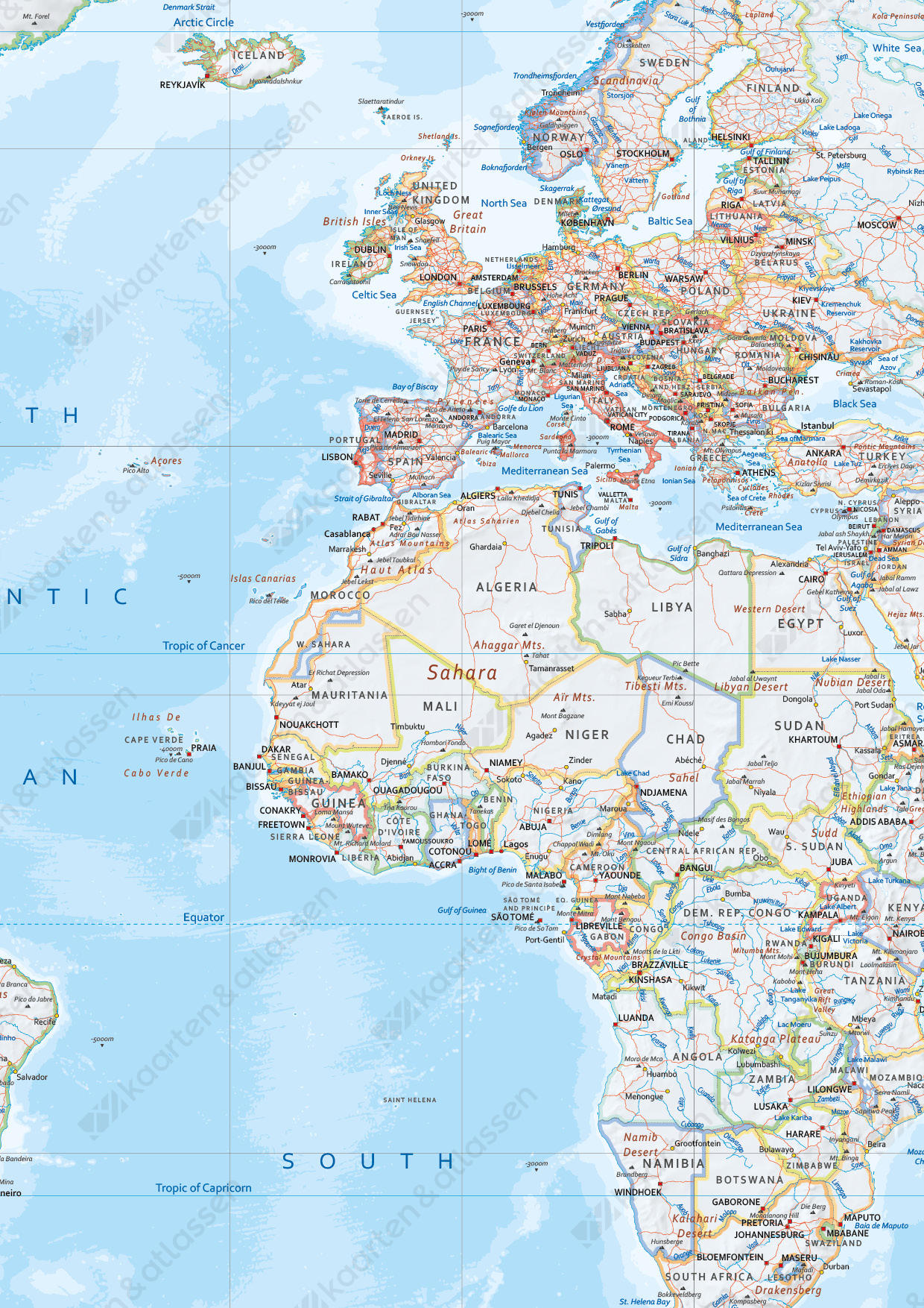 Wereldkaart small en medium staatkundig gekleurde grenzen