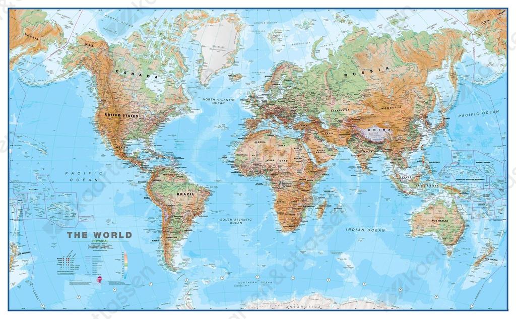 MI Wereldkaart natuurkundig Bruin