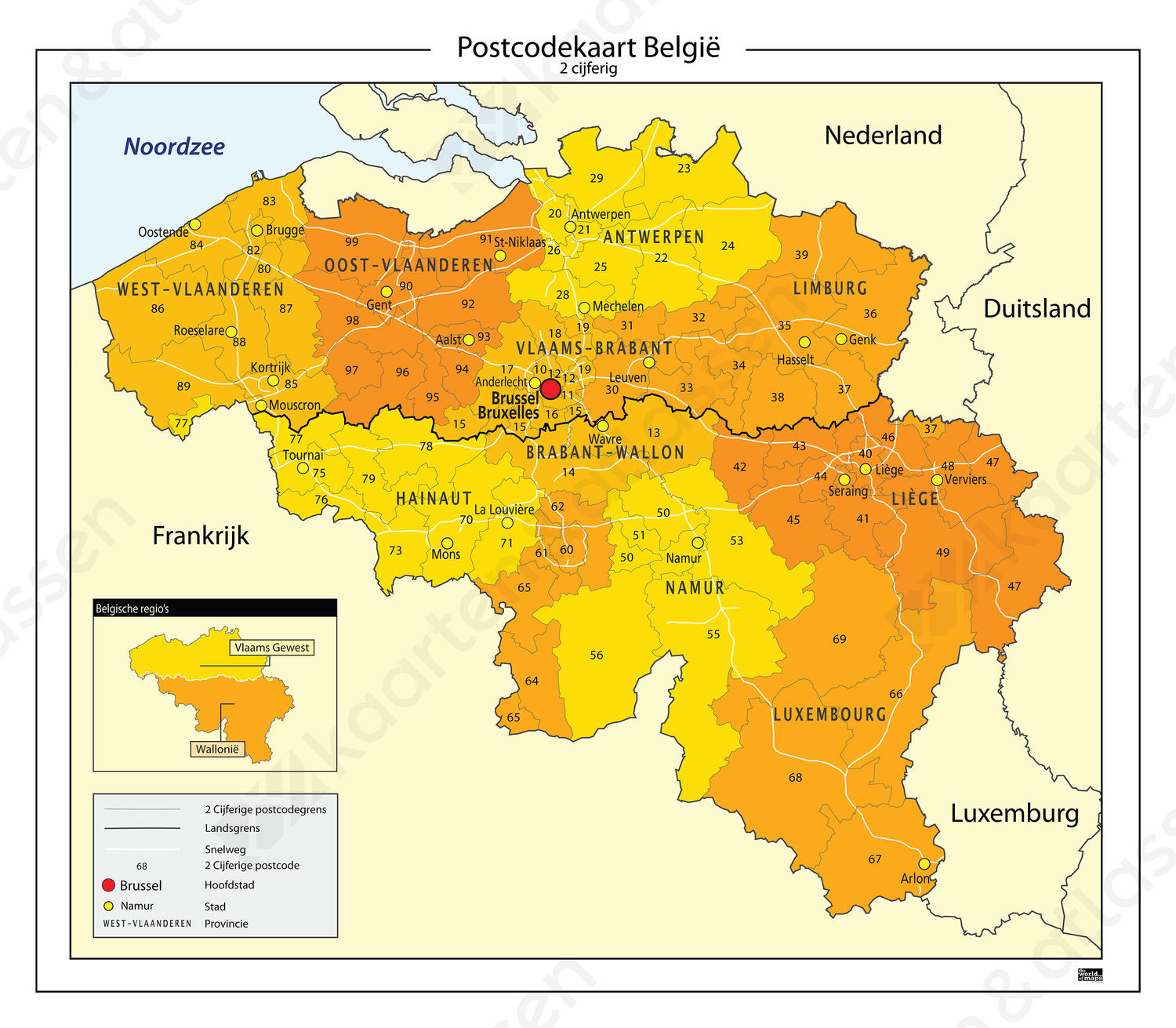 2-cijferige Postcodekaart België 2-cijferige Postcodekaart België