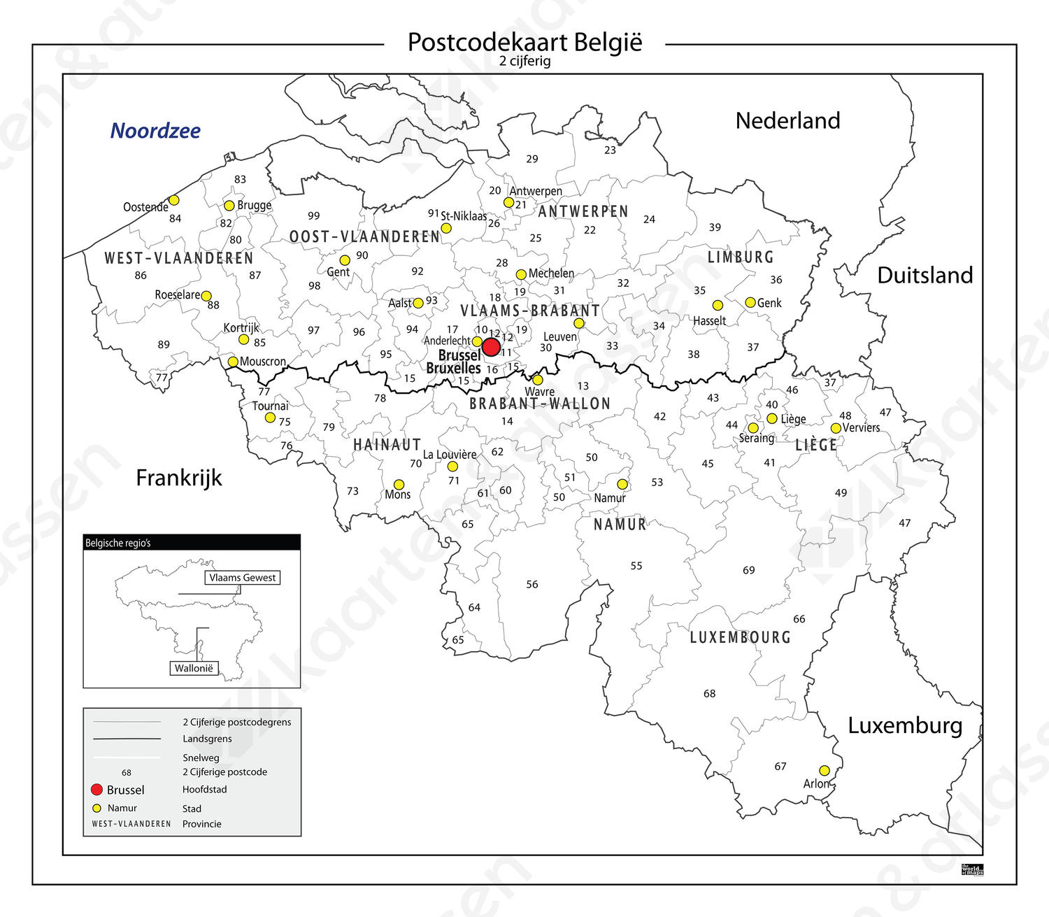 2-cijferige Postcodekaart België 2-cijferige Postcodekaart België