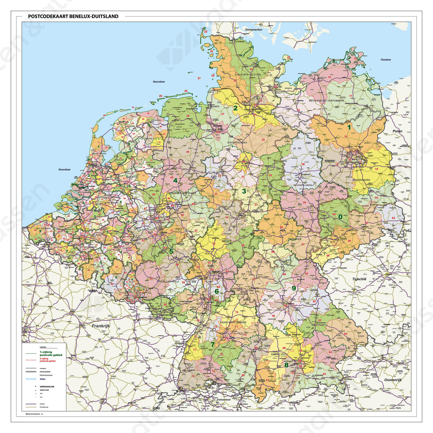 Postcodekaart Benelux + Duitsland 1- en 2-cijferig met wegen