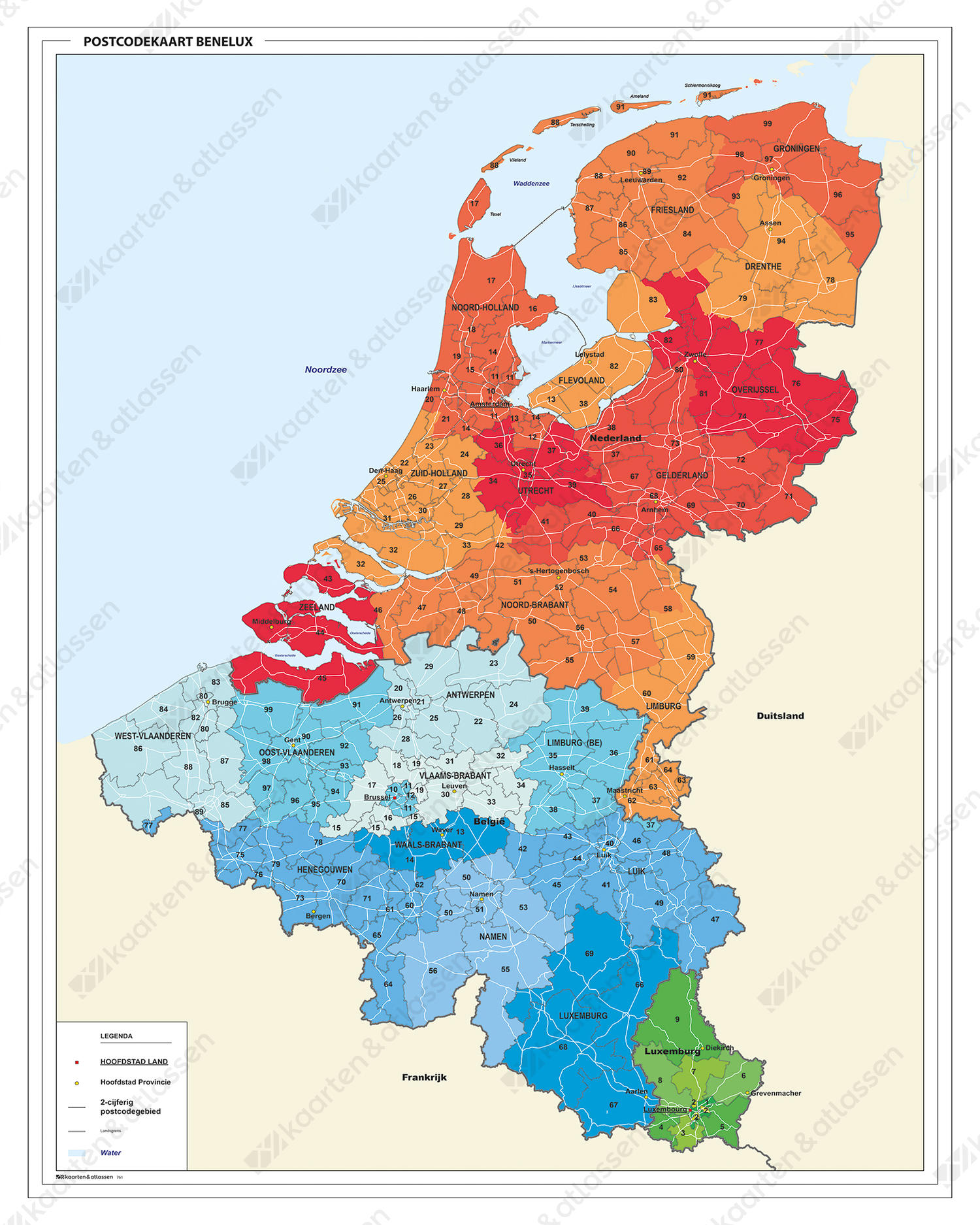 Postcodekaart Benelux 2-cijferig