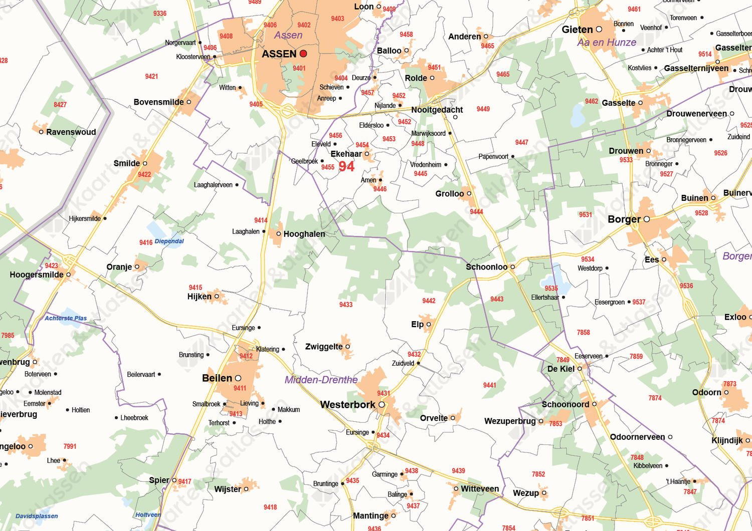 Digitale Postcode-/Gemeentekaart Drenthe