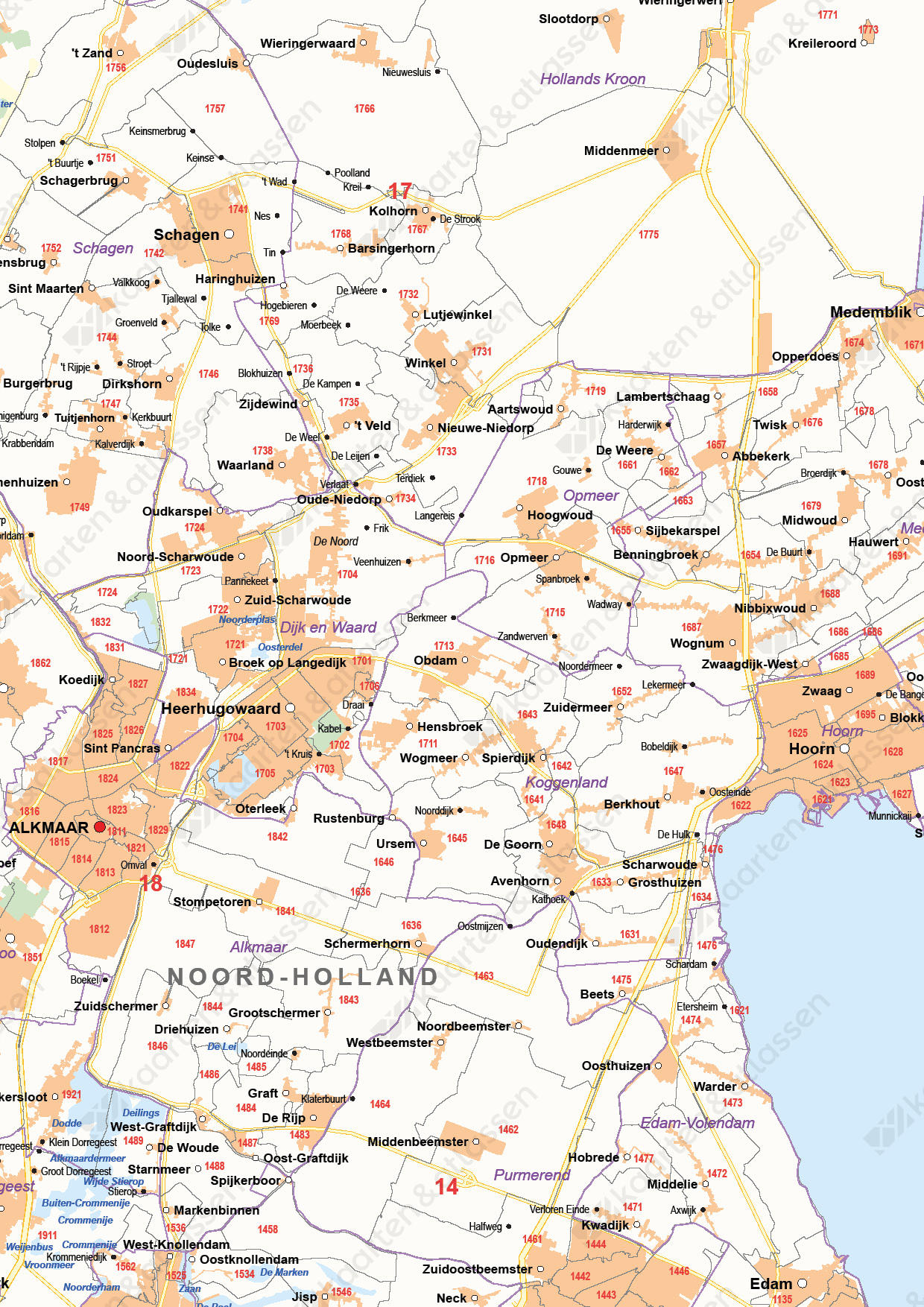 Digitale Postcode-/Gemeentekaart Noord-Holland