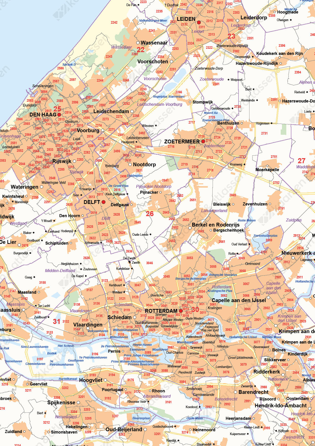 Postcode-/Gemeentekaart Zuid-Holland