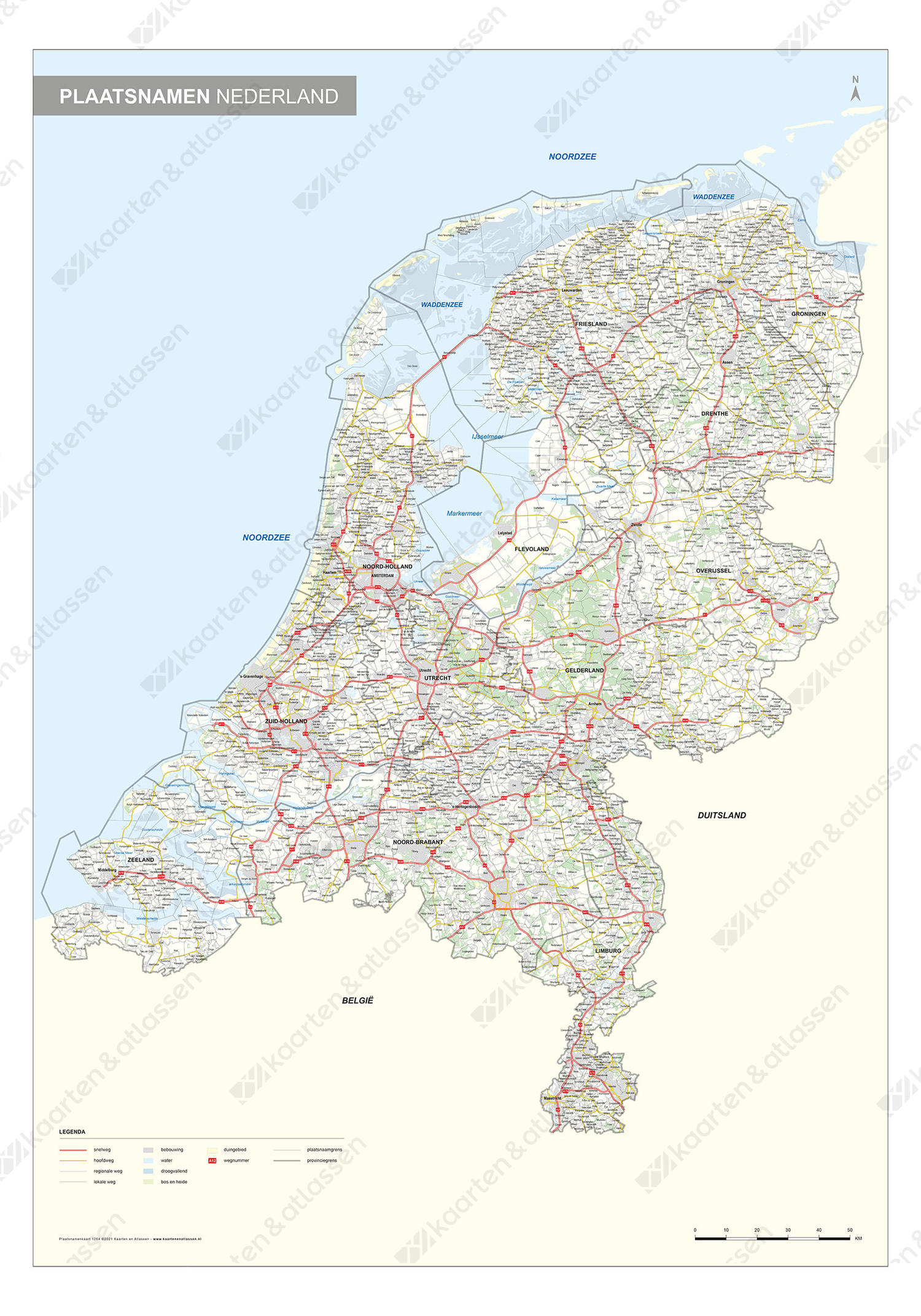 Plaatsnamenkaart  Nederland met wegen