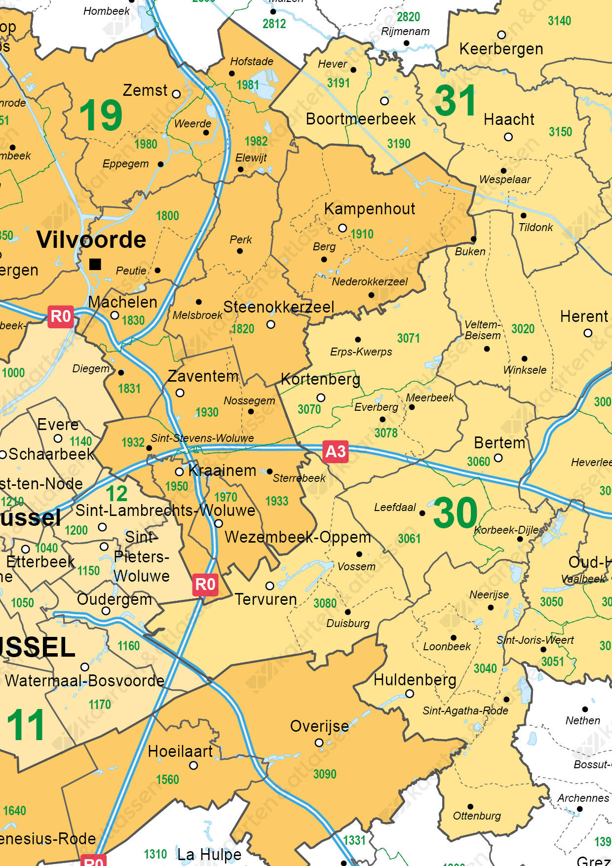 postcode/gemeente kaart Vlaams-Brabant