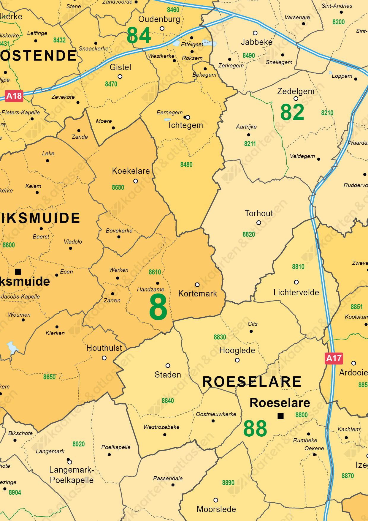 postcode/gemeente kaart West-Vlaanderen