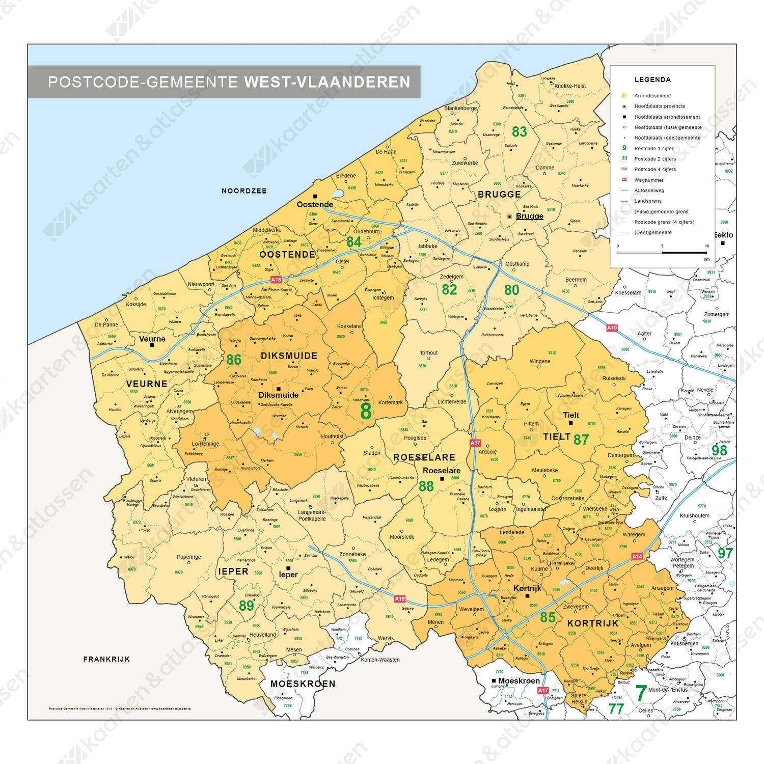postcode/ gemeente kaart West-Vlaanderen