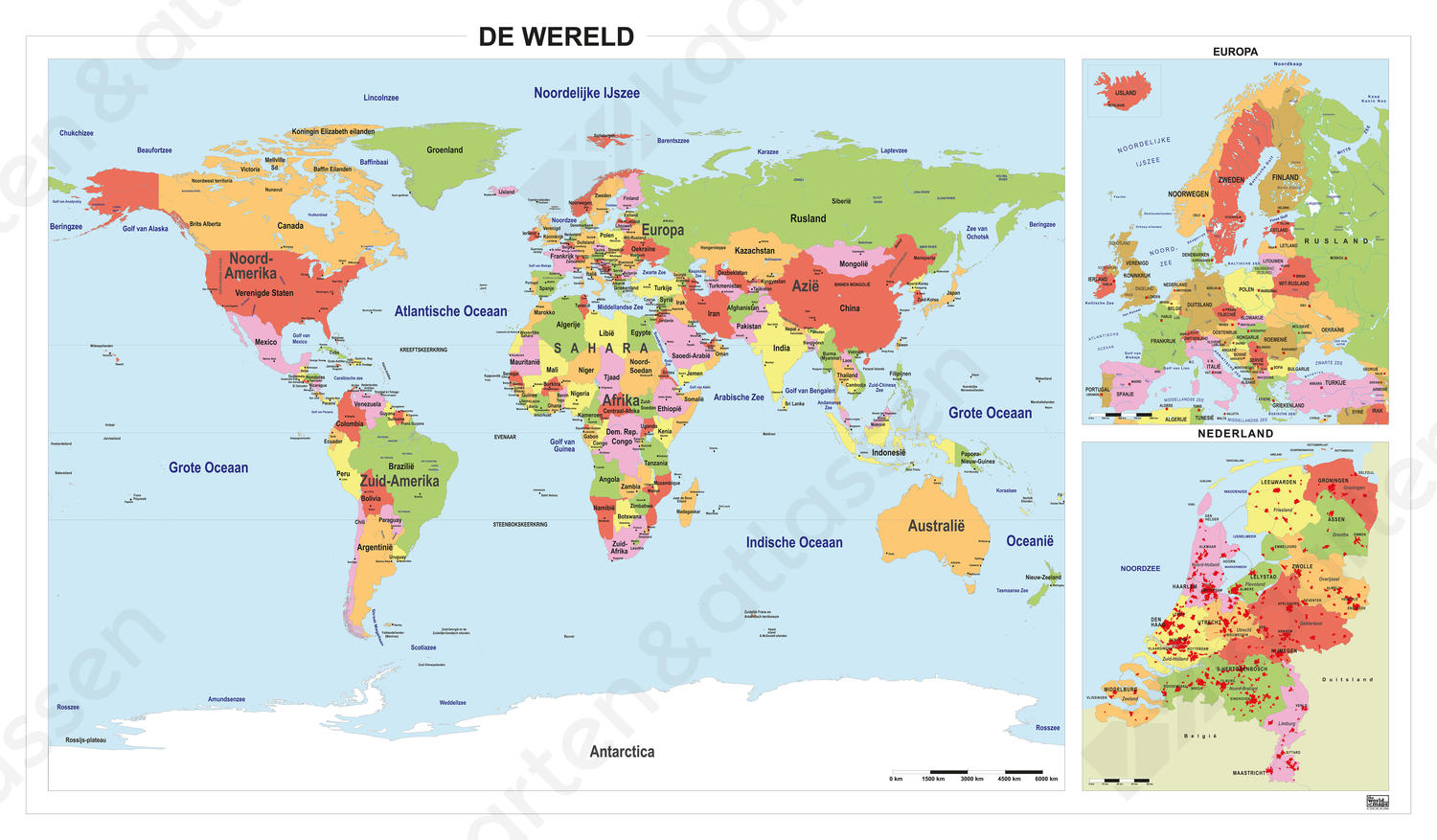 Schoolkaart Wereld/Europa/Nederland