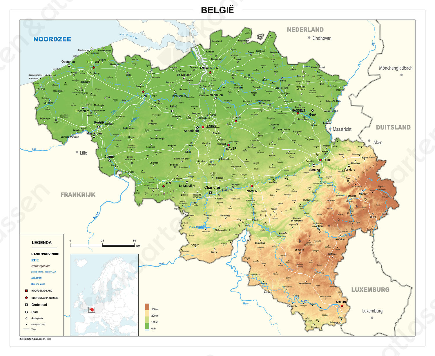 België Kaart Natuurkundig 1450 | Kaarten En Atlassen.Nl