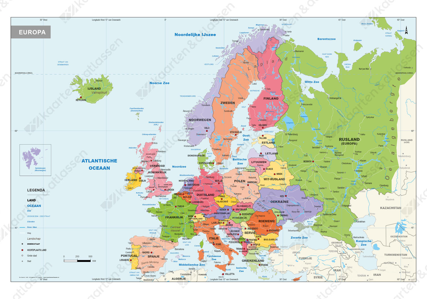 Gedetailleerde Schoolkaart Europa | Kaarten Atlassen.nl