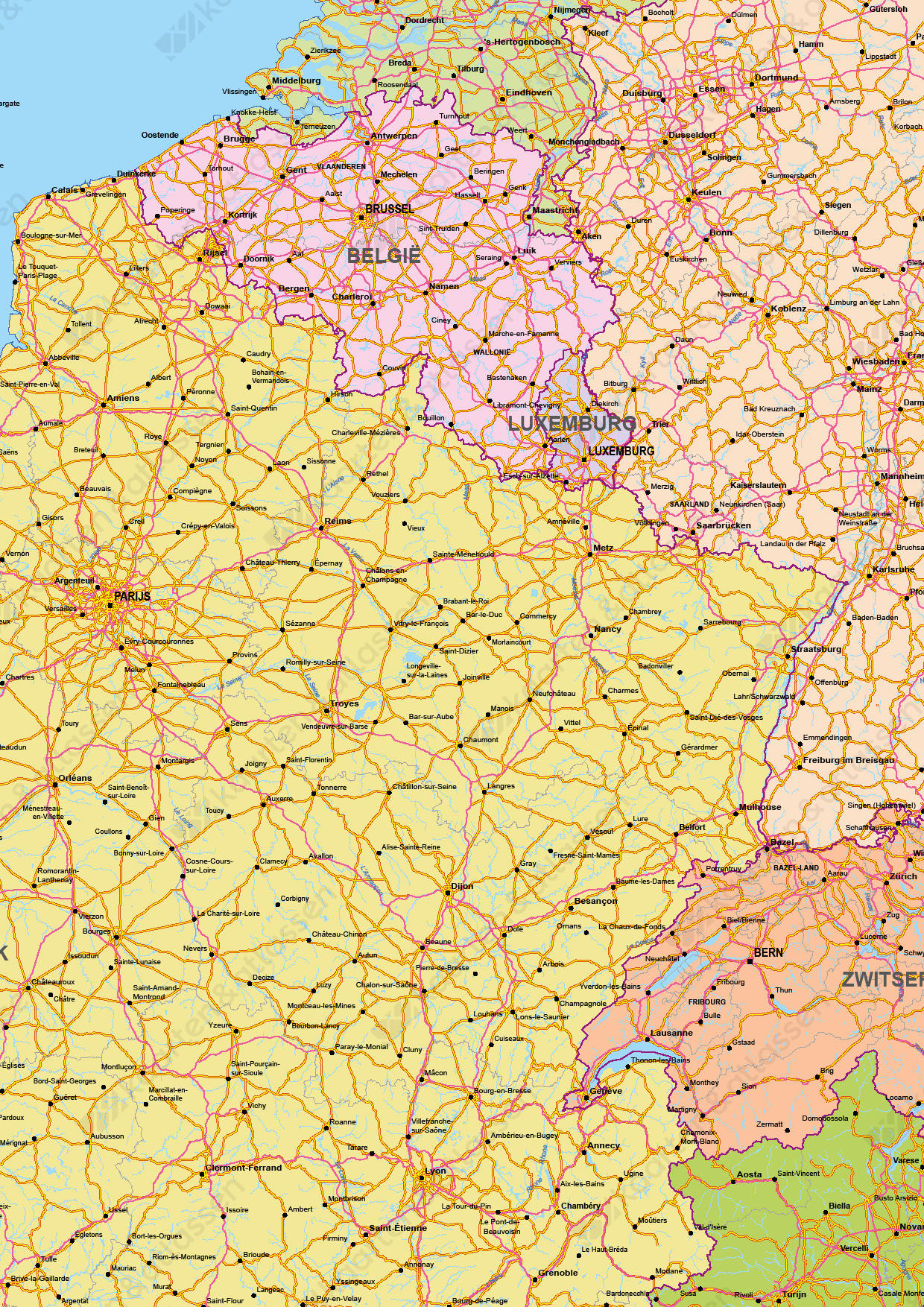 Kaart Benelux, Duitsland en Frankrijk