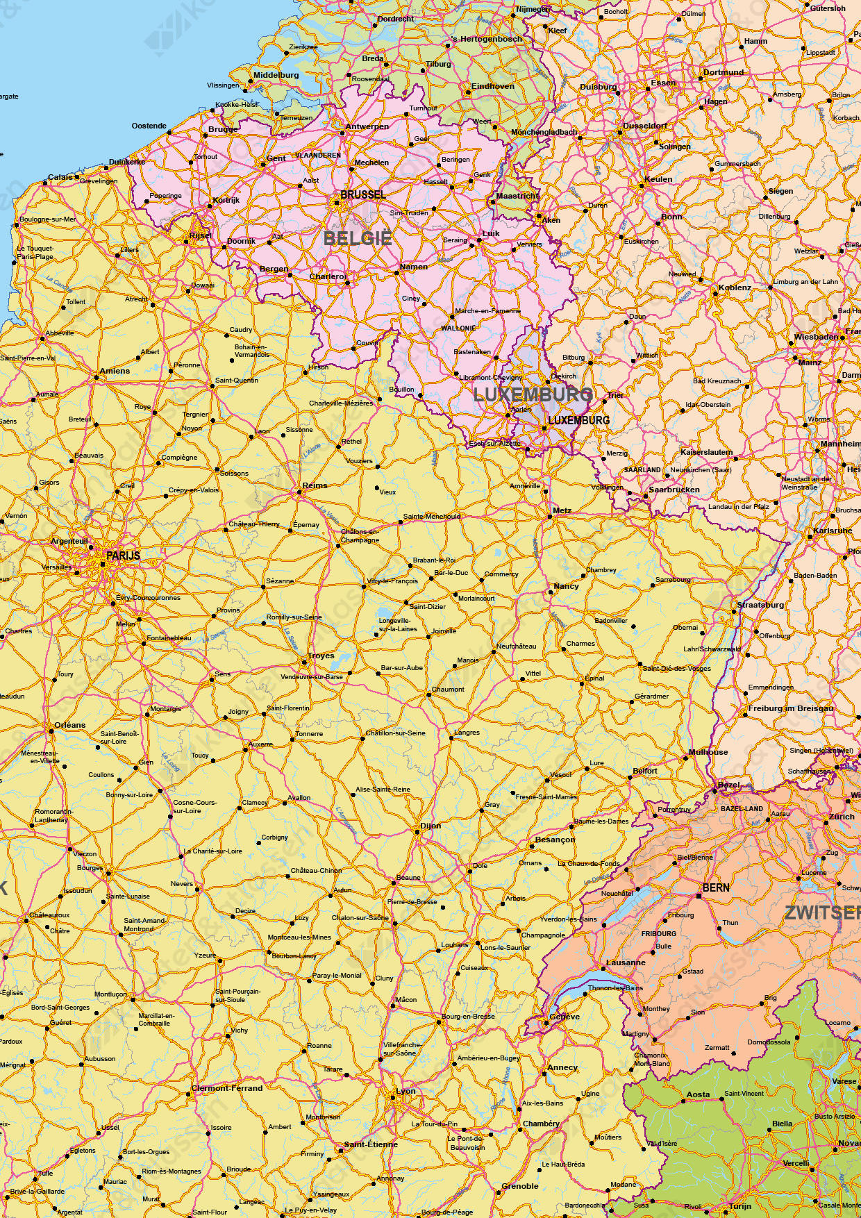 Kaart Benelux, Duitsland en Frankrijk