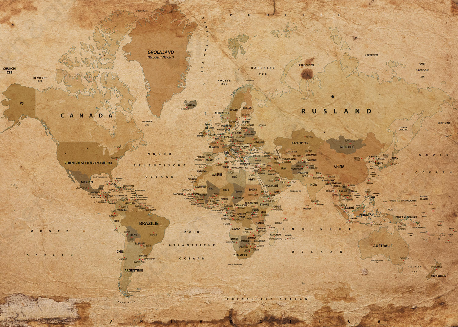 Wereldkaart in nostalgische kleuren afgebeeld Wereldkaart in nostalgische kleuren afgebeeld