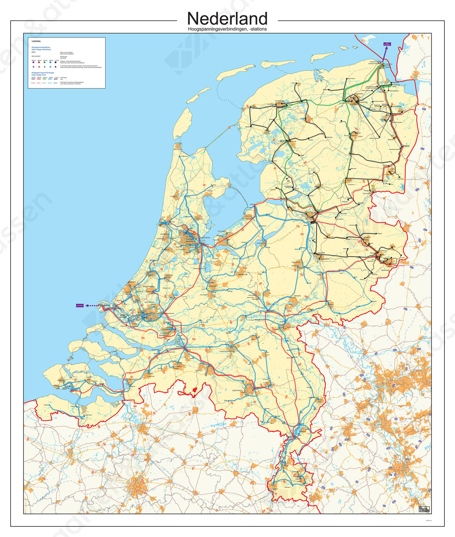 Kaart van Nederland met de hoogspaningslijnen