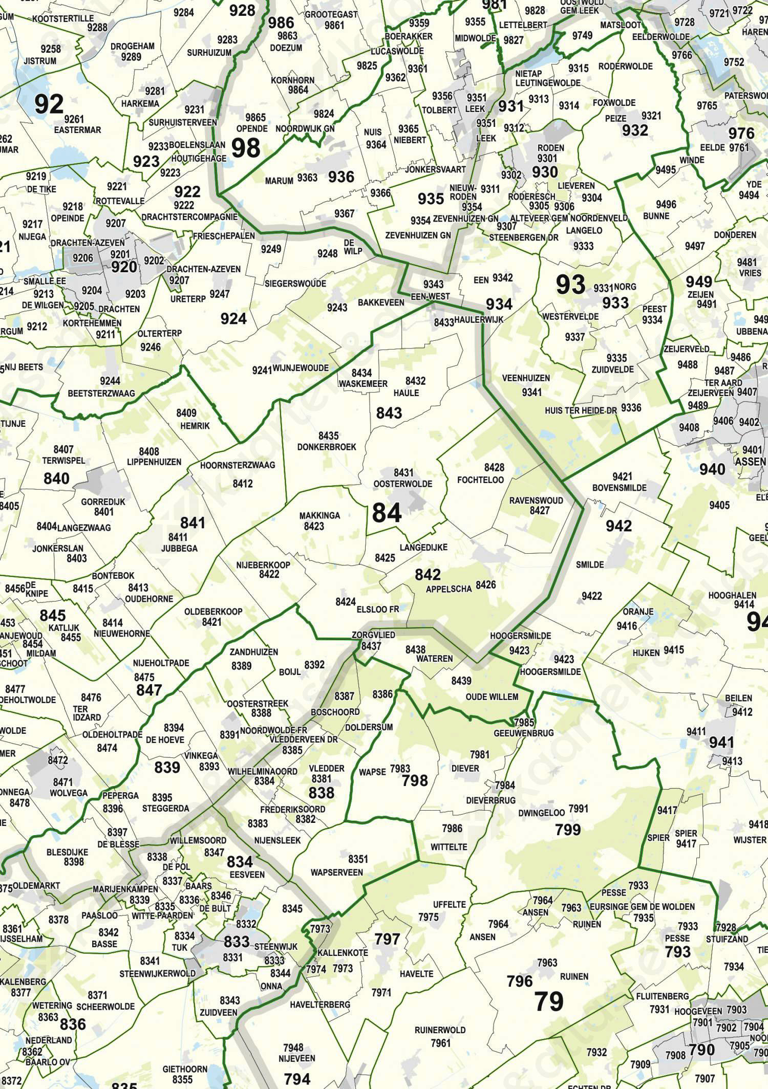 2-, 3- en 4-cijferige Postcodekaart Nederland