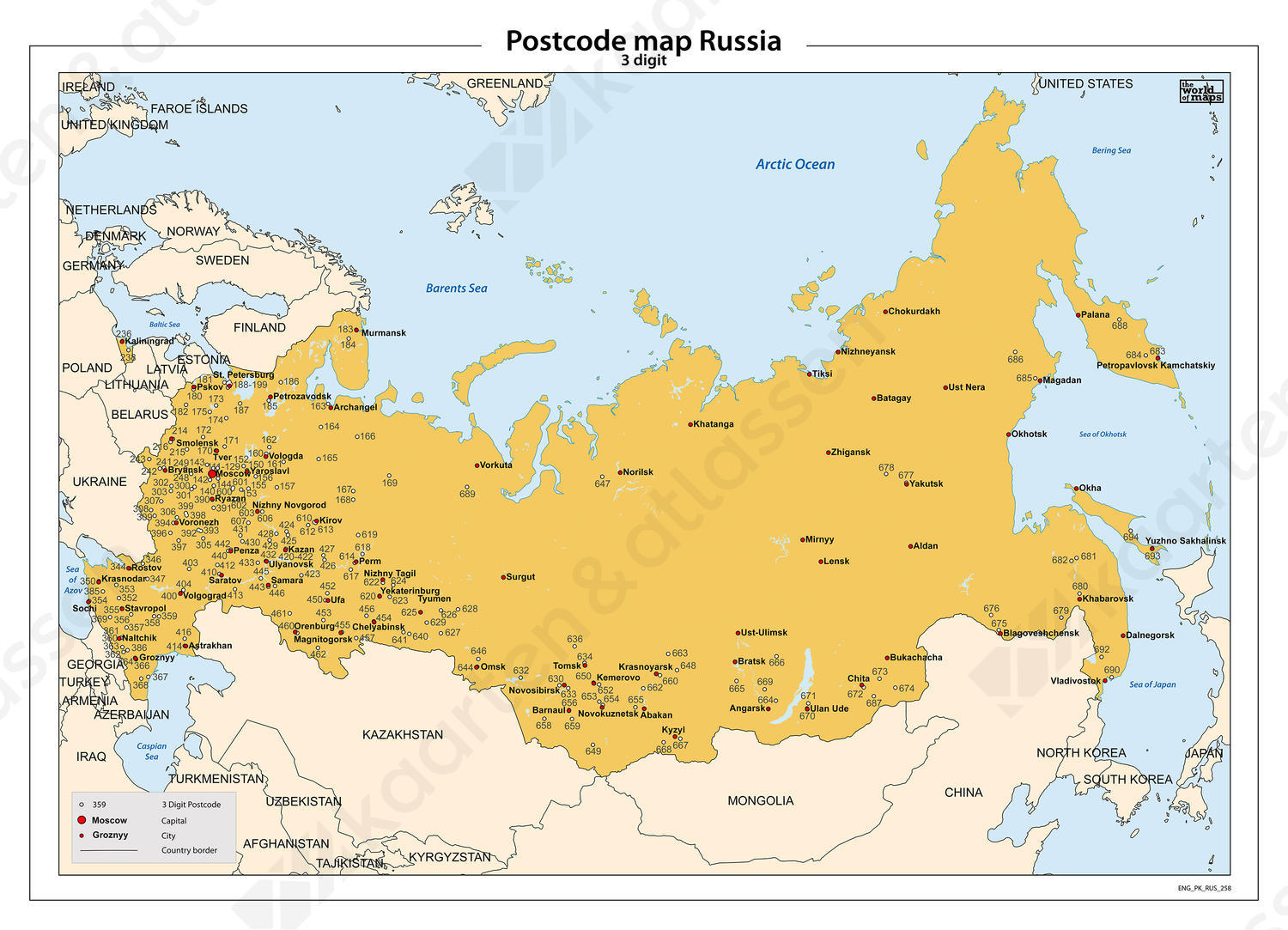 Rusland 3-cijferige postcodekaart 258 Rusland 3-cijferige postcodekaart 258