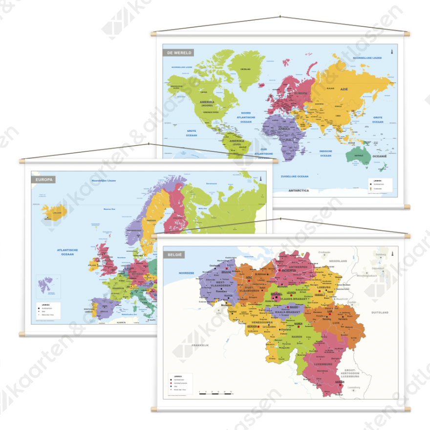 3 Schoolkaarten België/Europa/Wereld