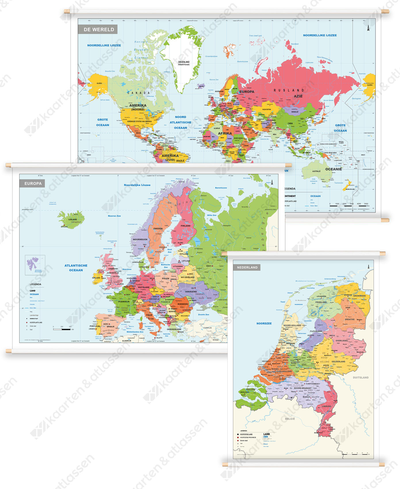 3 Schoolkaarten Nederland/Europa/Wereld Gedetailleerd