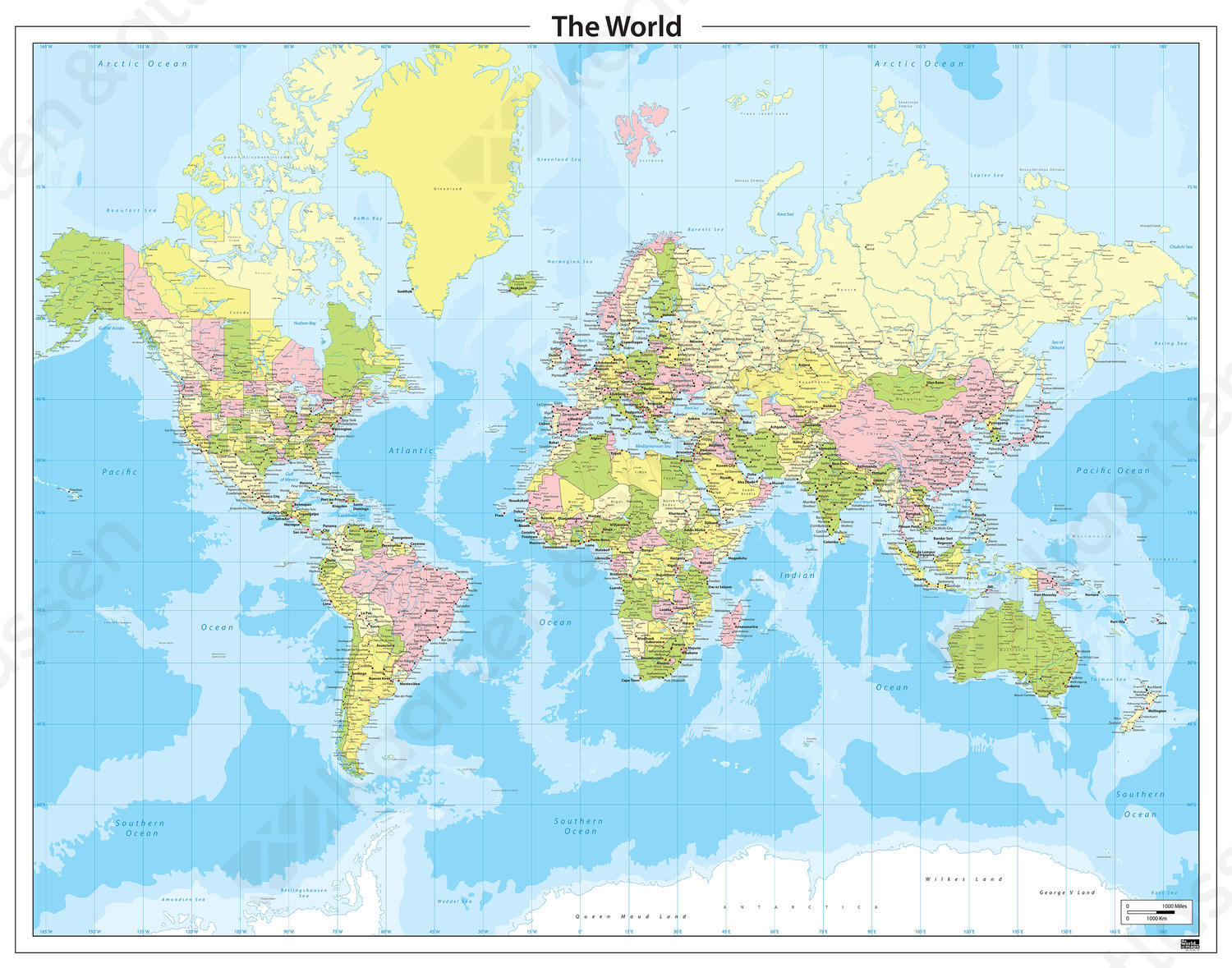 Staatkundige wereldkaart in heldere kleuren