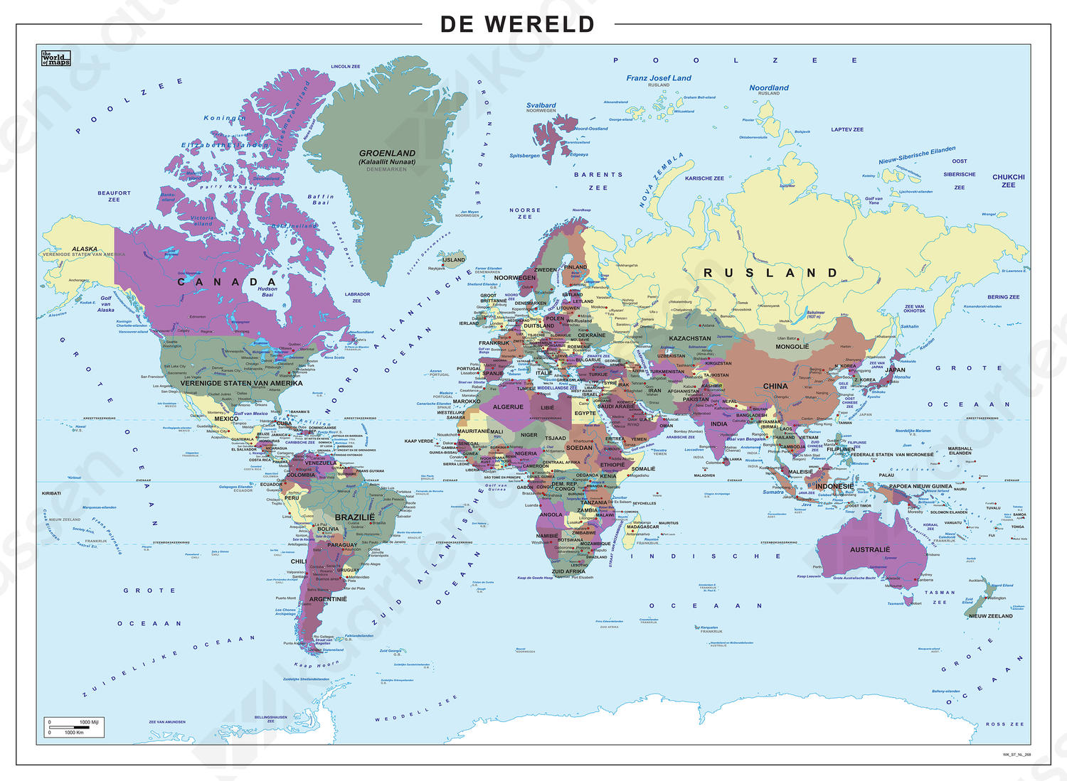 Staatkundige wereldkaart in paars, groen en geel tinten