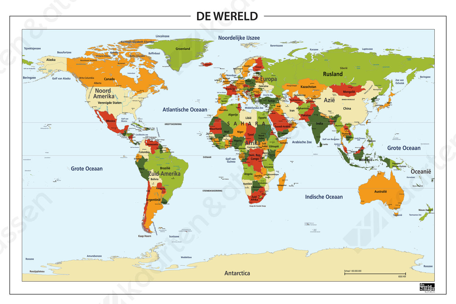 Staatkundige wereldkaart met oranje en groene tinten
