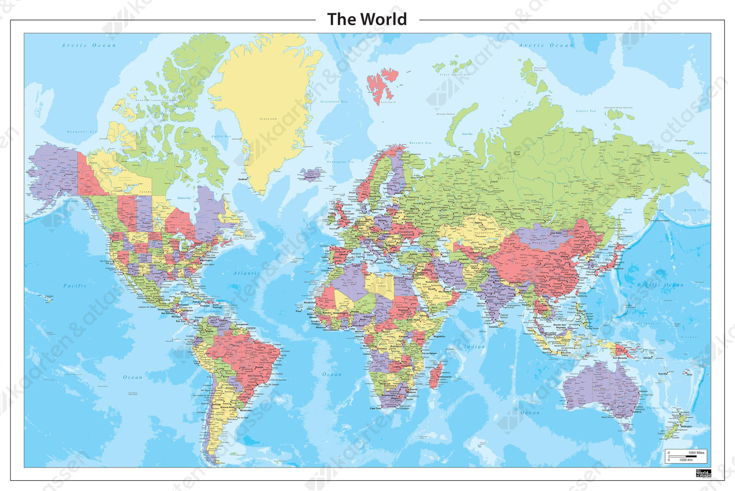 Staatkundige wereldkaart met veel plaatsen