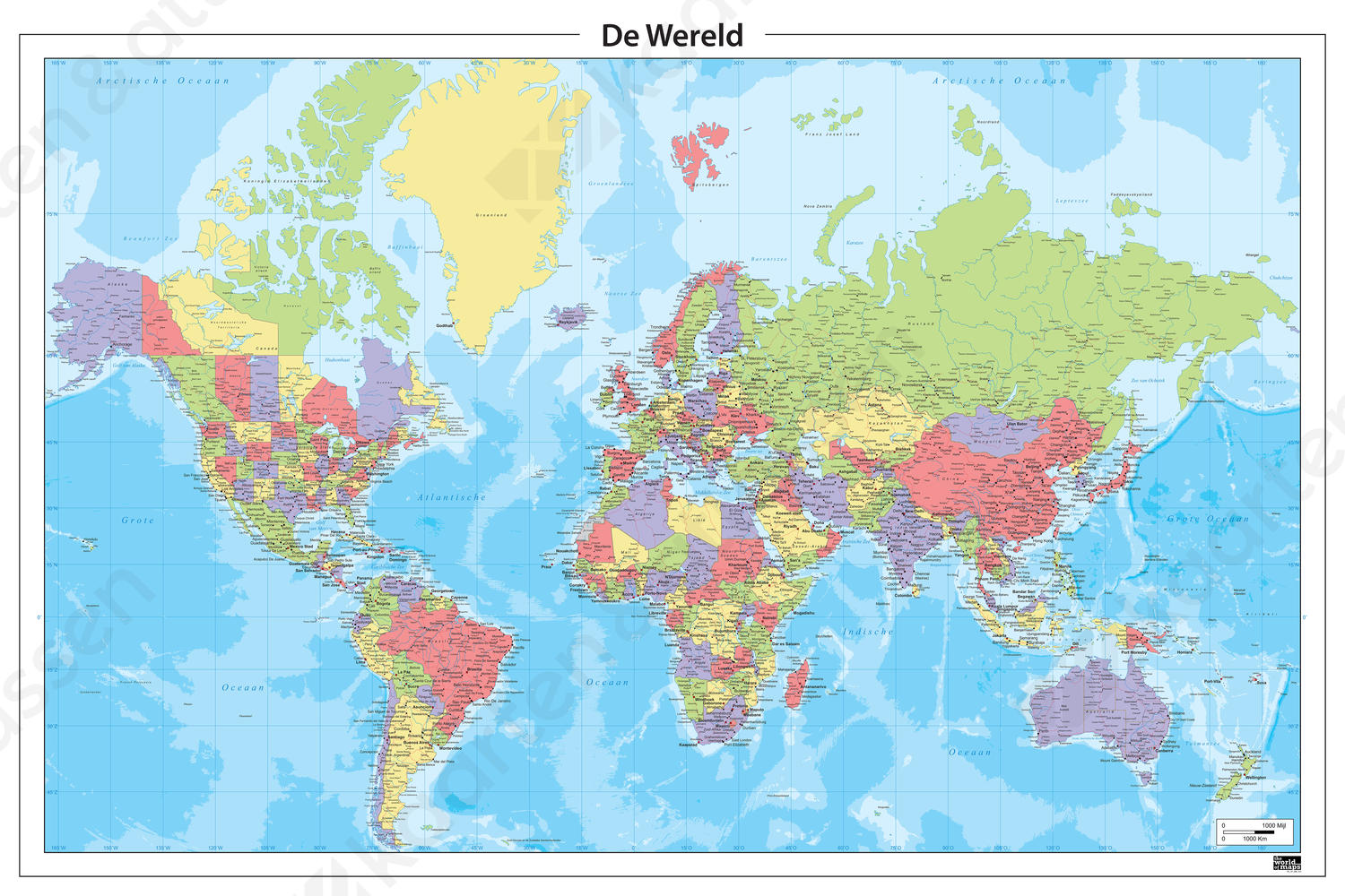 Staatkundige wereldkaart in heldere tinten