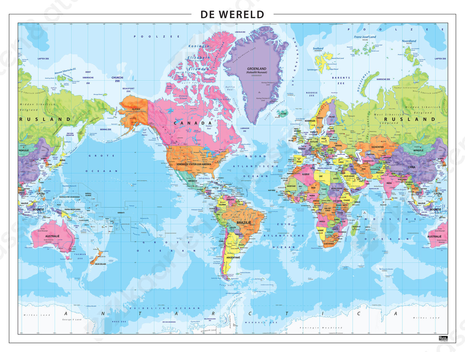 Staatkundige wereldkaart Amerika centraal