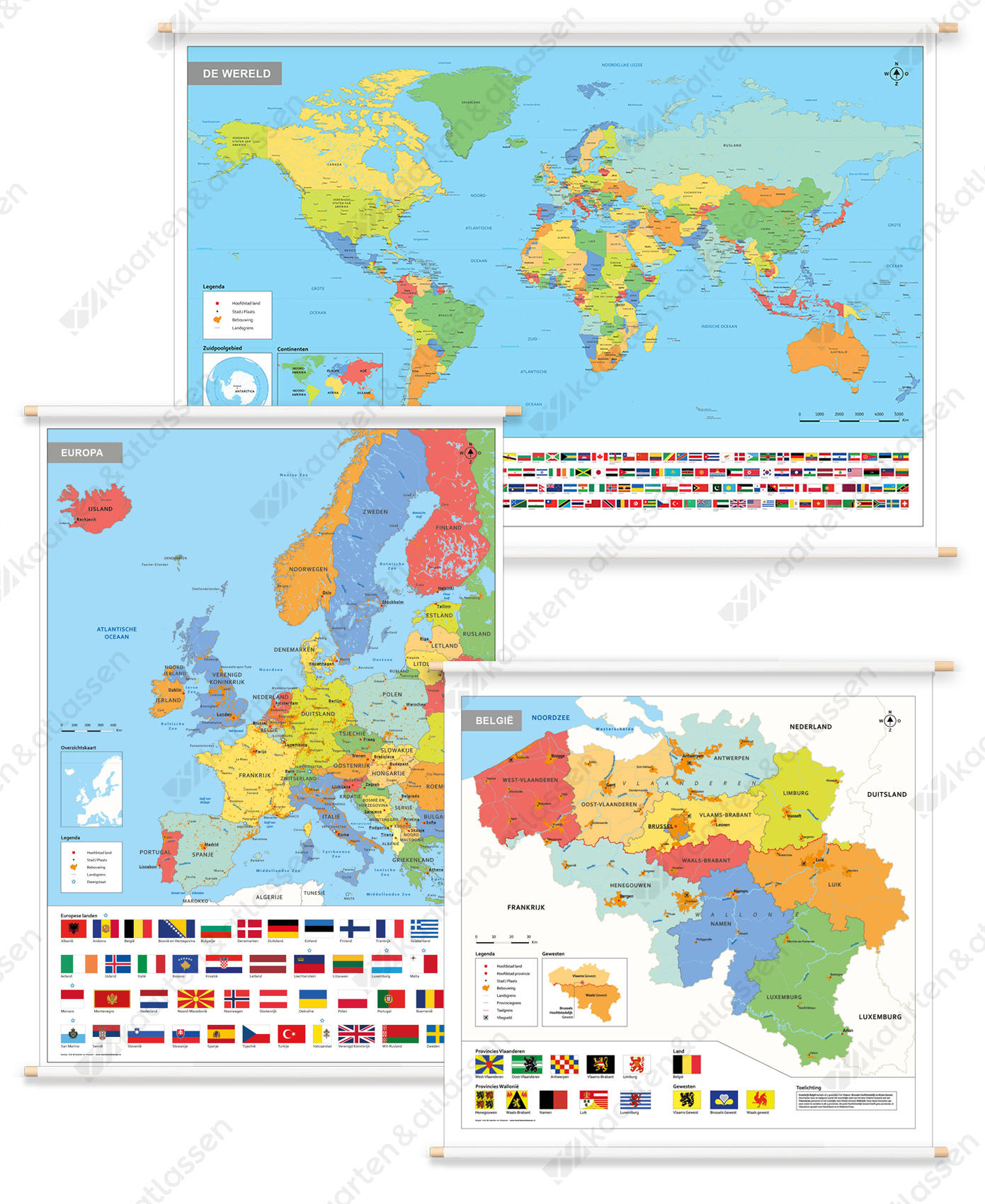 3 Schoolkaarten België/Europa/Wereld met vlaggen