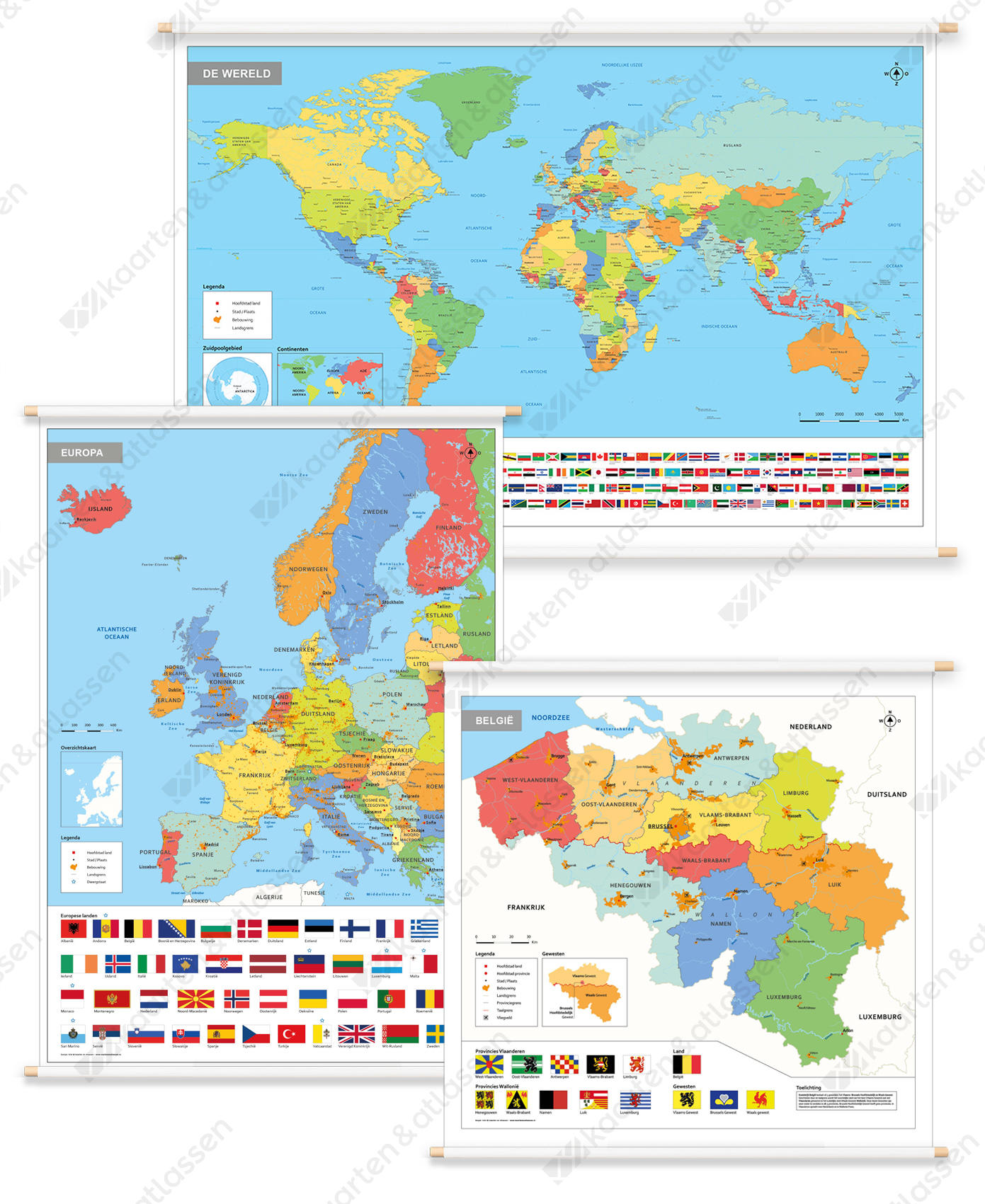 3 Schoolkaarten België/Europa/Wereld met vlaggen 3 Schoolkaarten België/Europa/Wereld met vlaggen