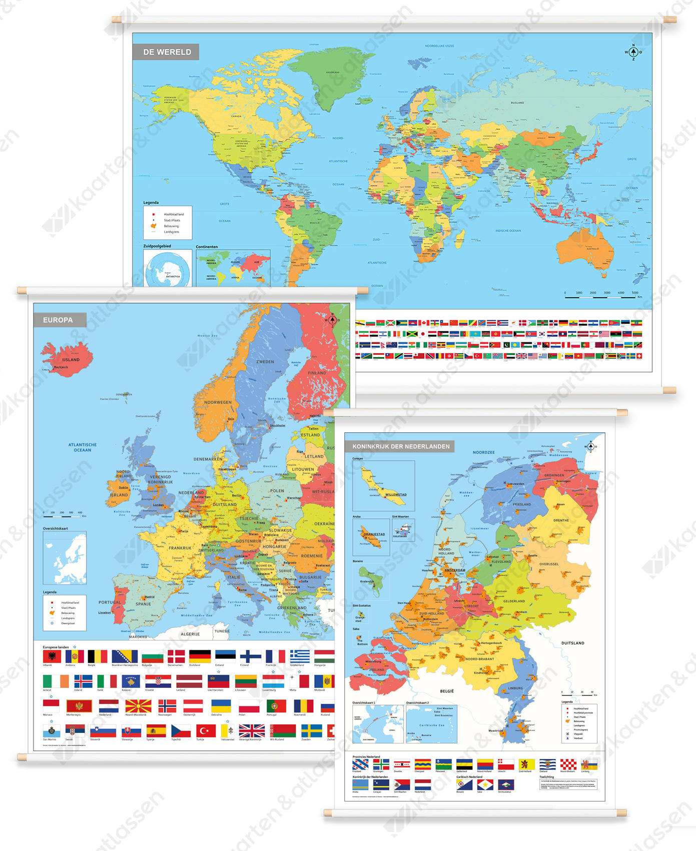 3 Schoolkaarten Nederland/Europa/Wereld met Vlaggen