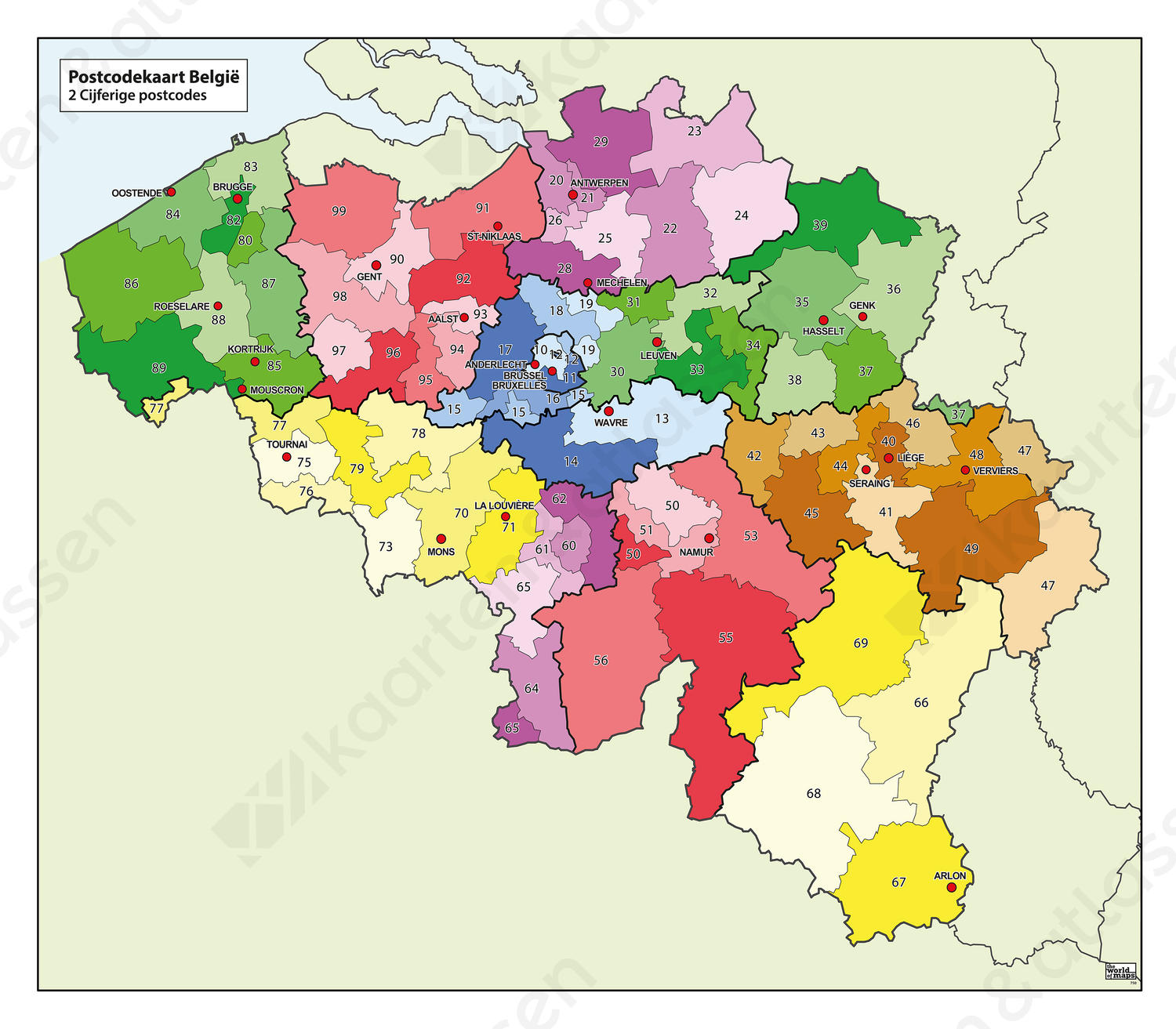 1- en 2-cijferige Postcodekaart België 750