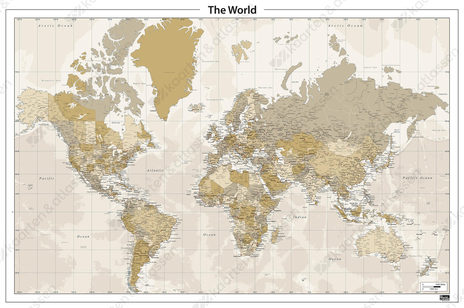 Staatkundige digitale wereldkaart in nostalgische kleuren