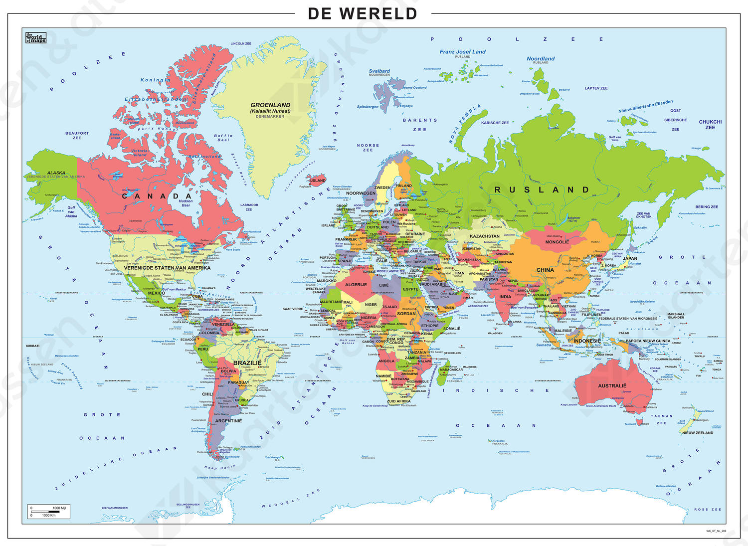 Staatkundige digitale wereldkaart met alle landen, hoofdsteden en wateren