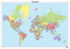 Staatkundige wereldkaart in groen, geel paars en rood