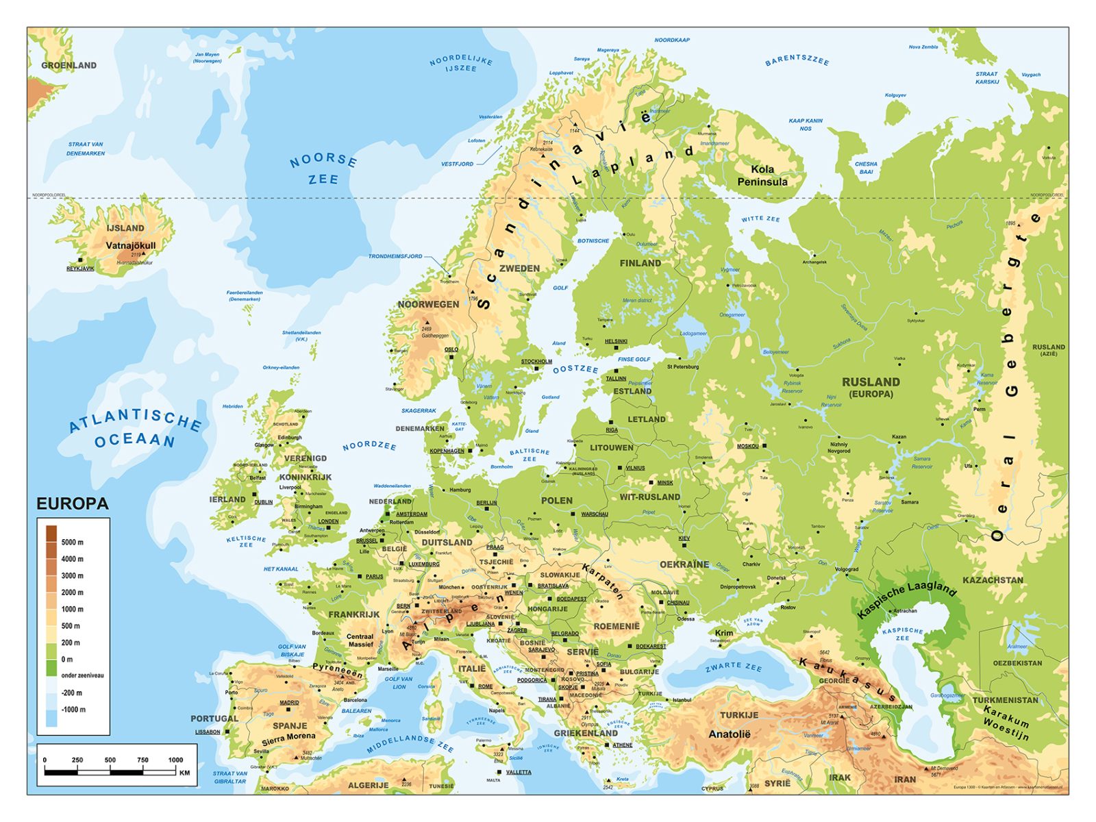 Schoolkaart Europa Natuurkundig