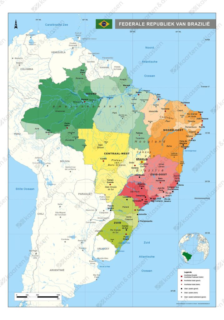 Poster Brazilië - Landen En Continenten Blad, A3 Formaat (29,7x42 Cm), Gedrukt Op 250 Gram Papier
