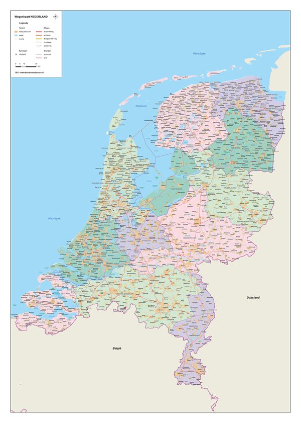 Wegenkaart Nederland met gekleurde provincies