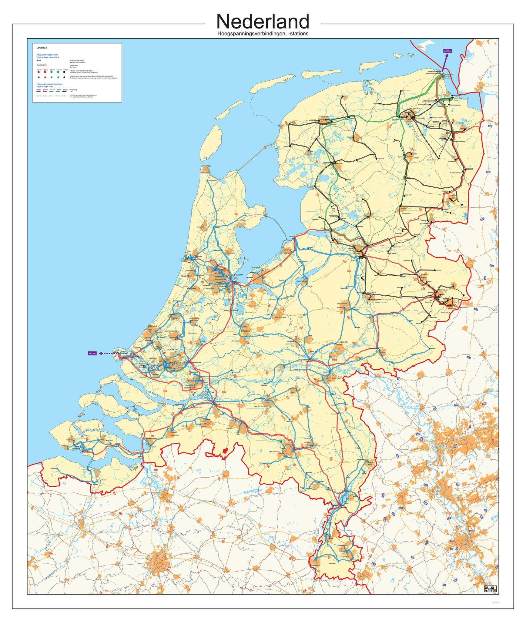 Hoogspanningslijnen kaart Nederland