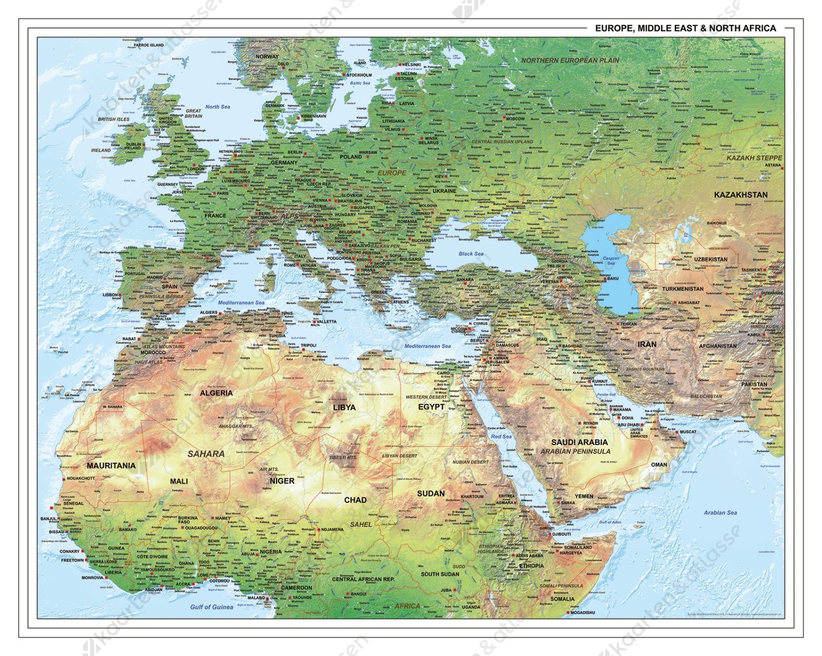 Europa Midden-Oosten Afrika Natuurkundige Kaart