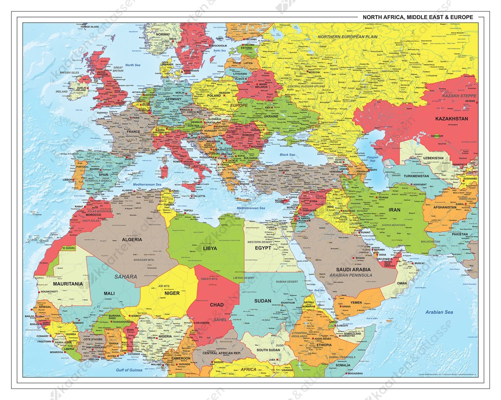 Europa Midden-Oosten Afrika Staatkundige Kaart