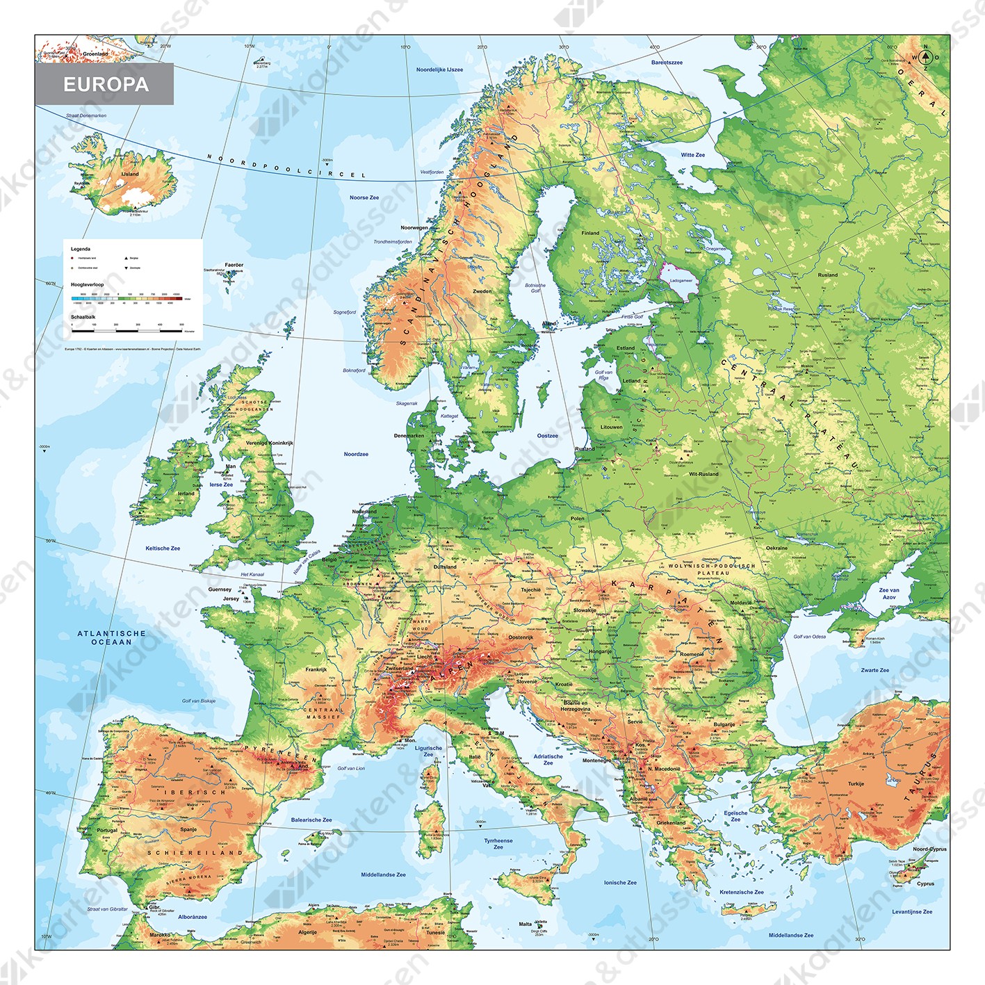 Schoolkaart Europa Natuurkundig