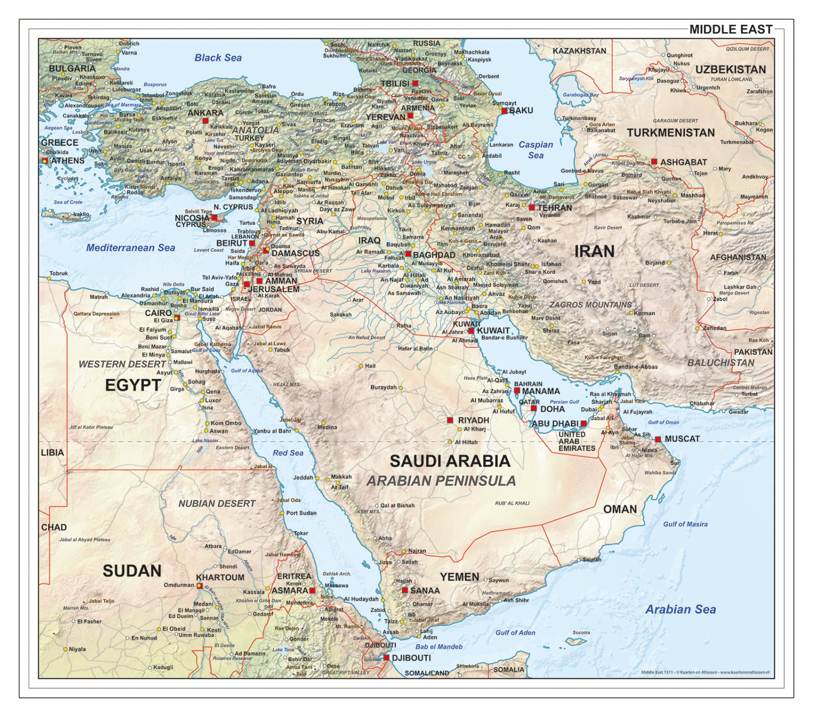 Midden-Oosten Kaart Natuurkundig Middle East Physical Map